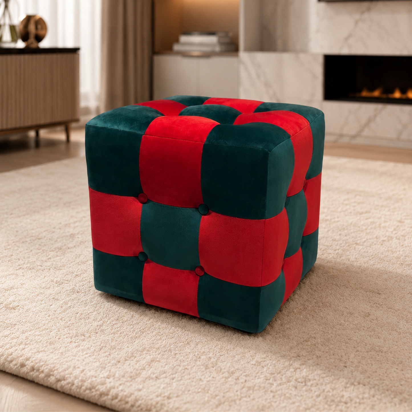 Yeşil-Kırmızı  Patchwork Puf