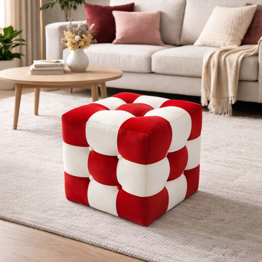 Patchwork Puf Kırmızı Beyaz